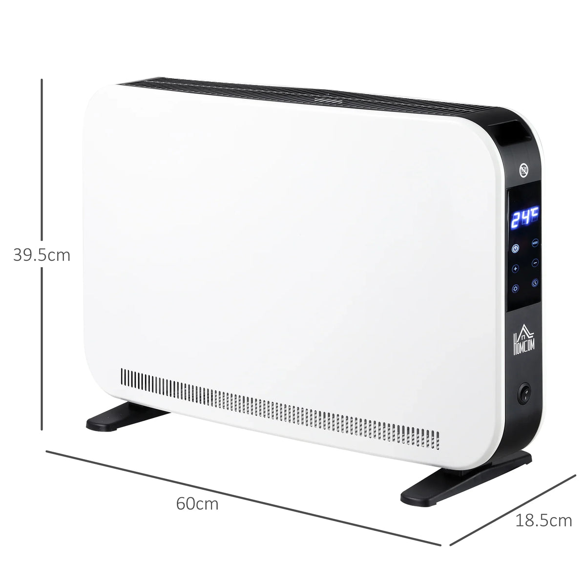 White portable space heater with black end caps and digital control display