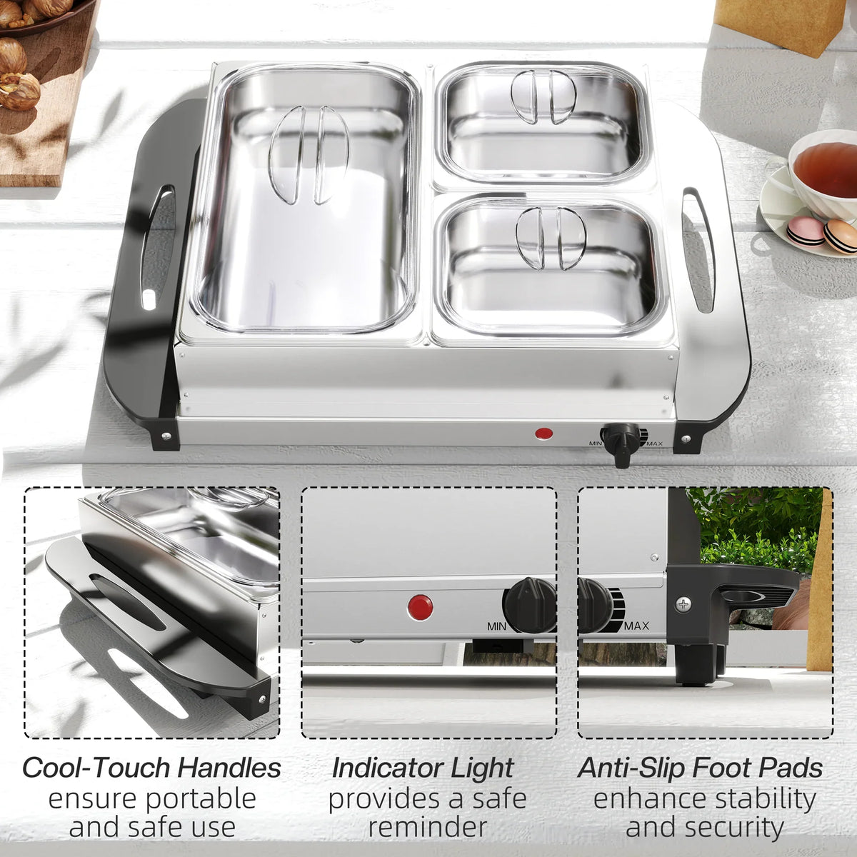 Stainless steel electric buffet server with four heated trays, red indicator light and knob
