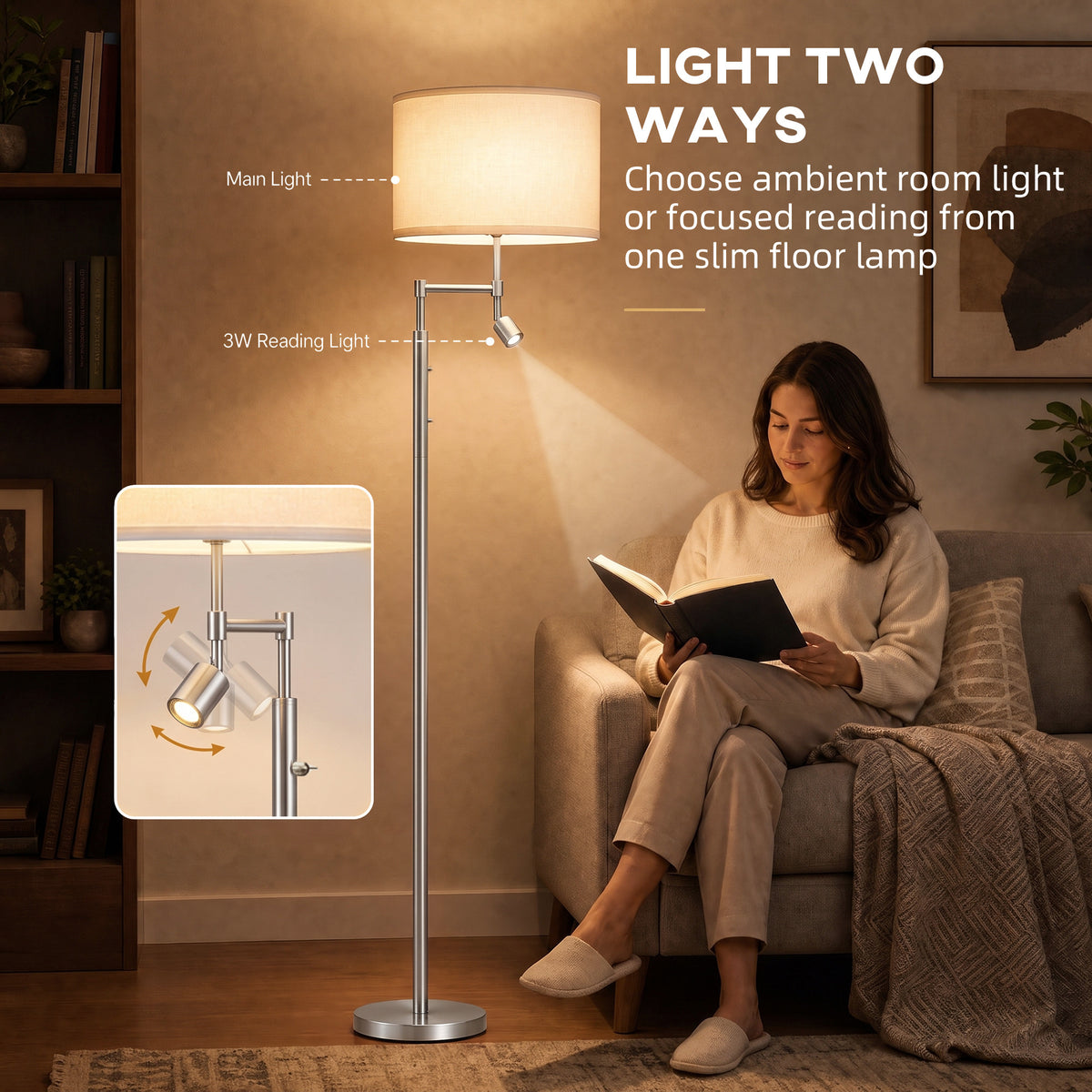Homcom Modern Floor Lamp With Reading Light And Satin Nickel Finish