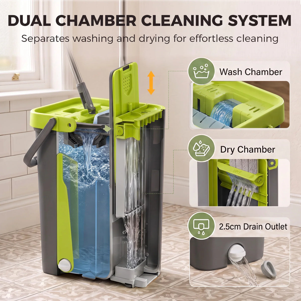 Dual chamber cleaning bucket with wringer system for washing and drying mop pads
