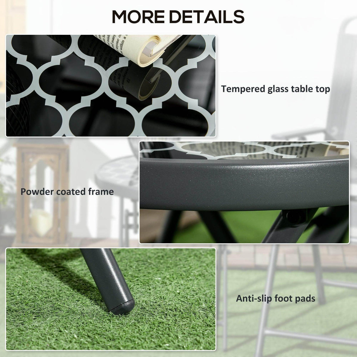 Black folding side table with tempered glass-look top and powder-coated frame