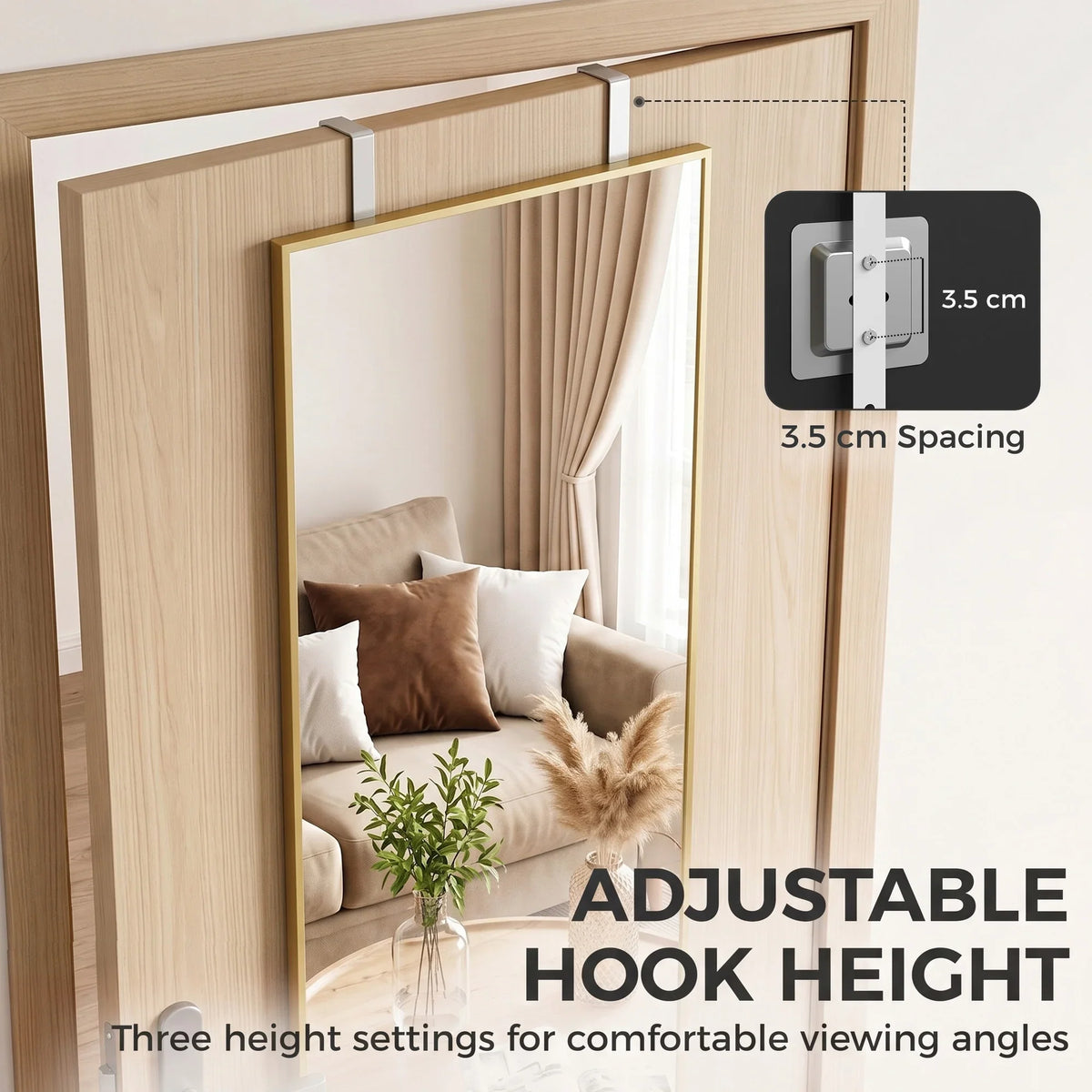 Full length mirror with adjustable hook height and three mounting settings