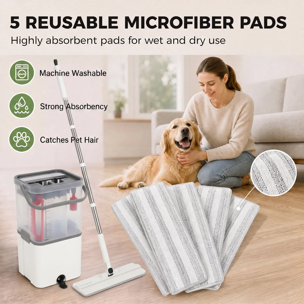 Reusable microfiber mop pads and flat mop head with dual-chamber bucket for wet and dry use.