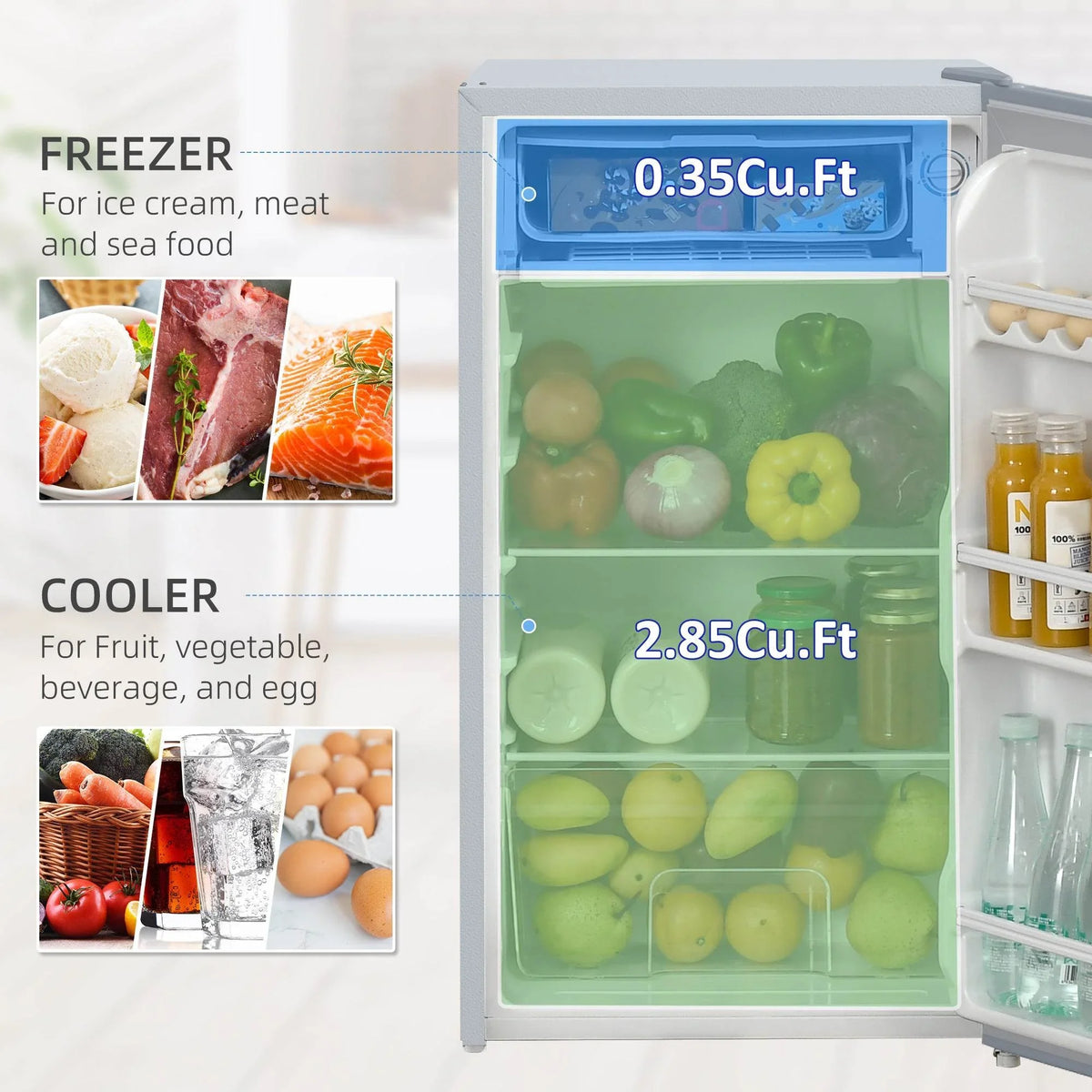 Under-counter refrigerator interior with freezer and cooler compartments
