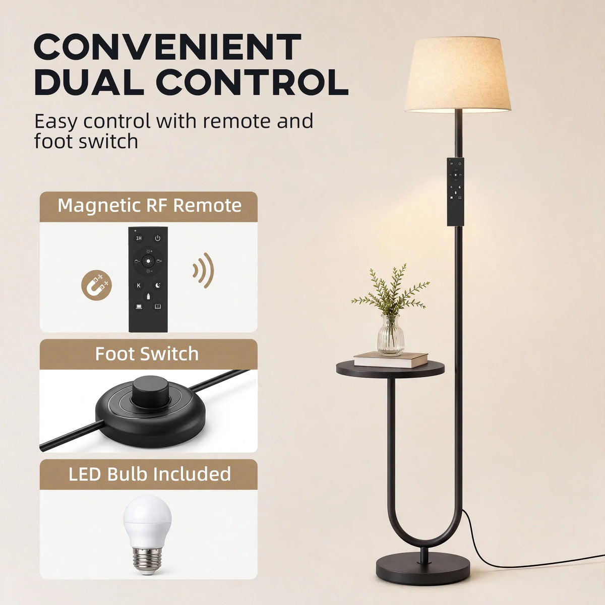 Floor lamp with linen shade, remote and foot switch, plus round side shelf