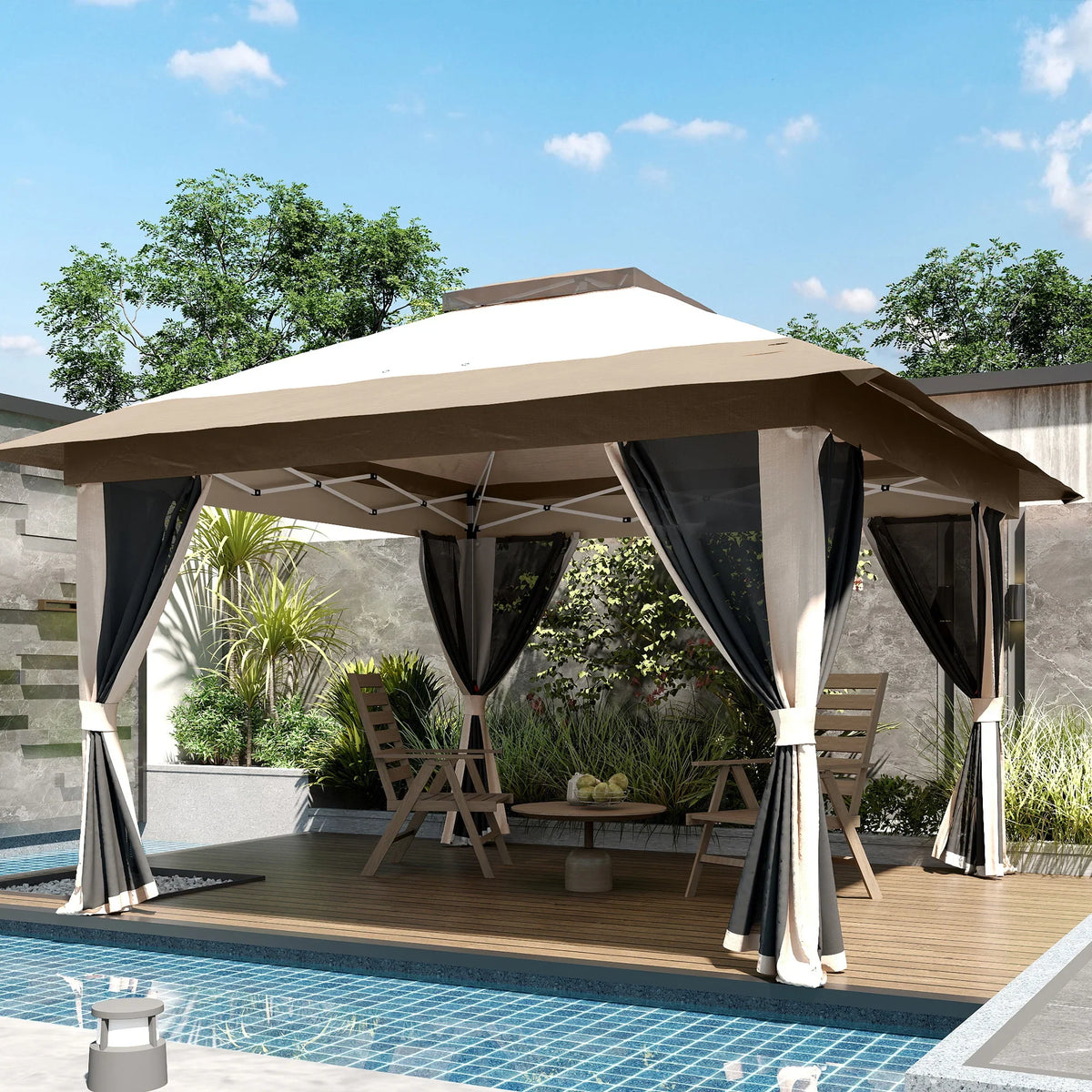 Beige pop-up gazebo with black curtains over patio seating area near pool