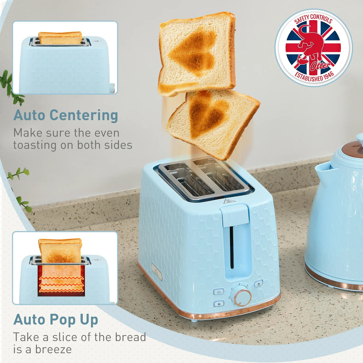 Light blue 2-slice toaster featuring auto-centering slots with browned bread slices