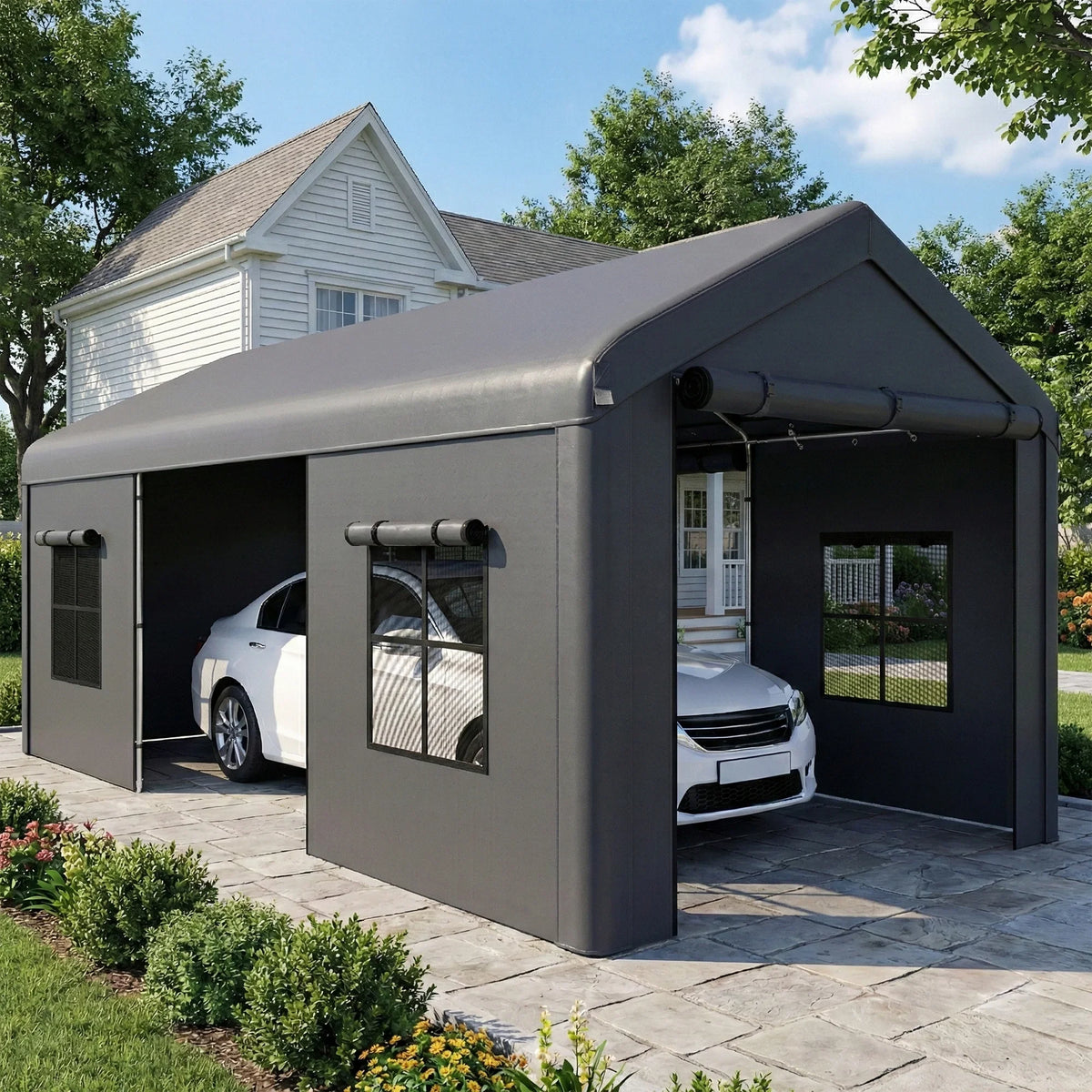 Dark grey portable carport tent with open front entrance and side windows