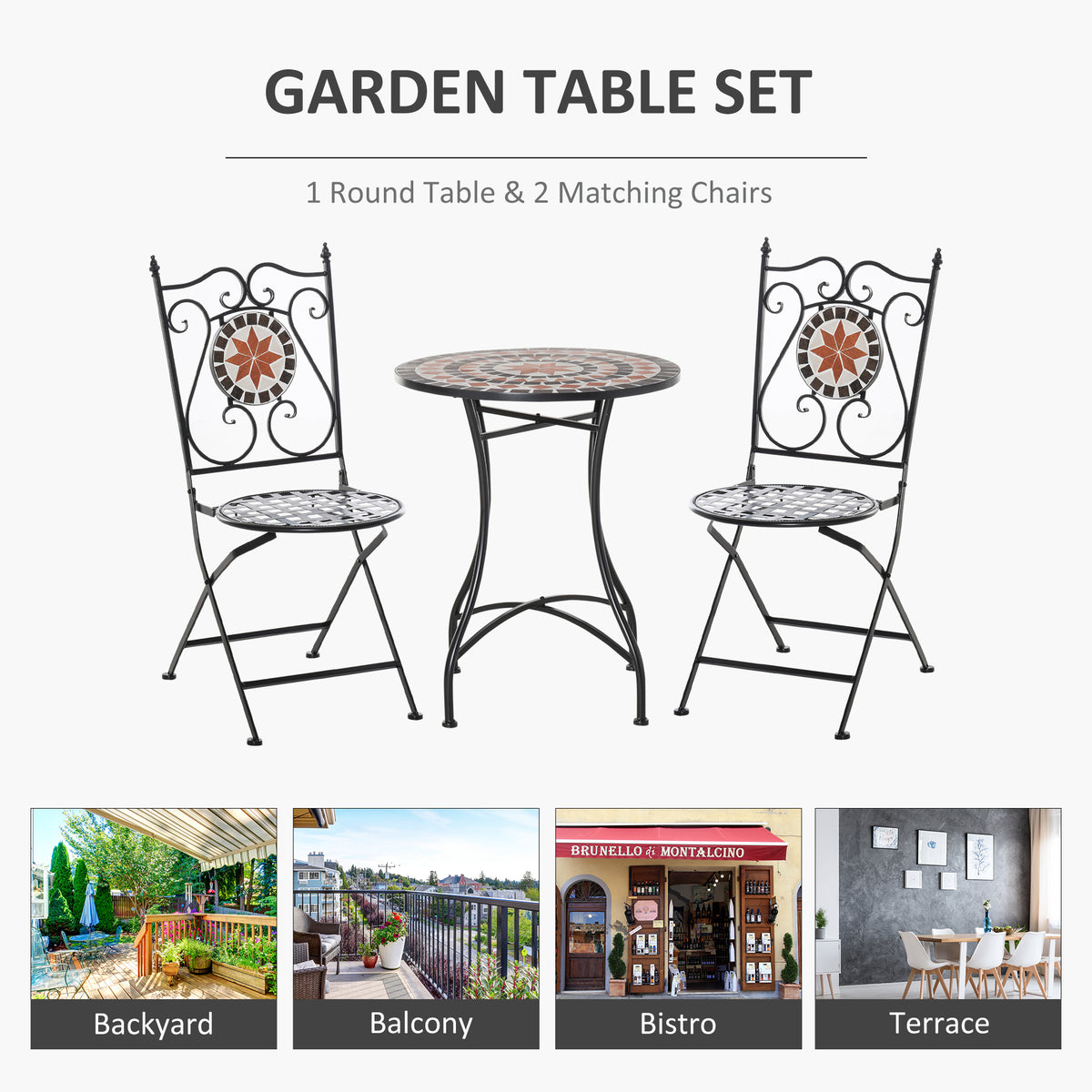 Garden bistro table set with round mosaic top and two matching black chairs