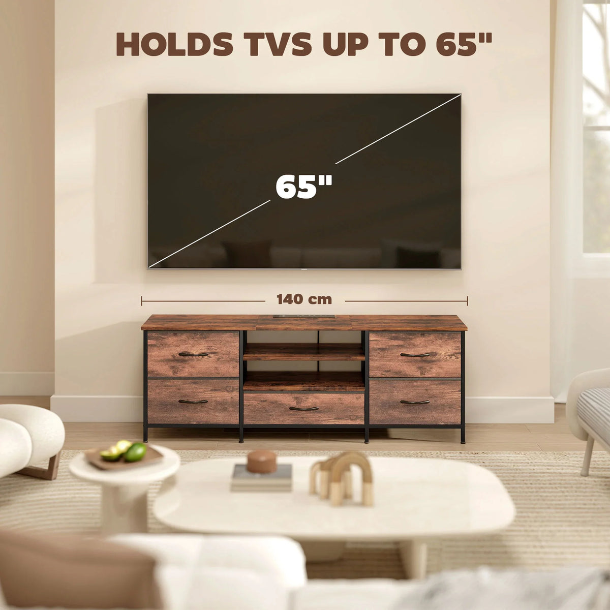 Industrial TV stand sized for up to 65-inch TVs with dark wood-effect drawers and steel frame