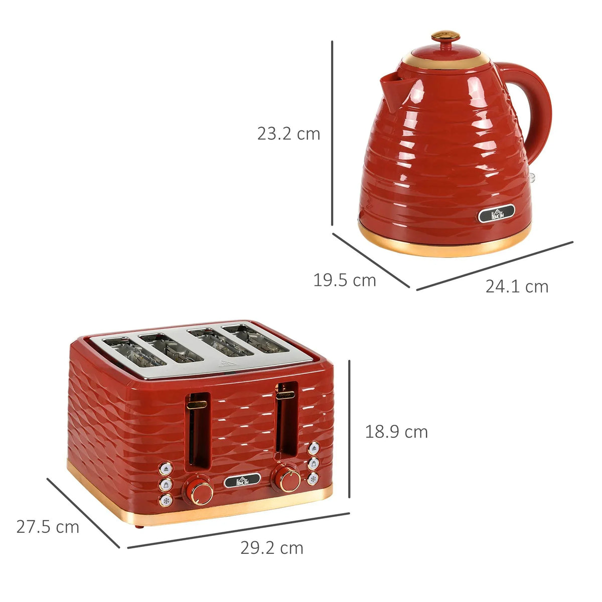 Red toaster and kettle set with size diagram