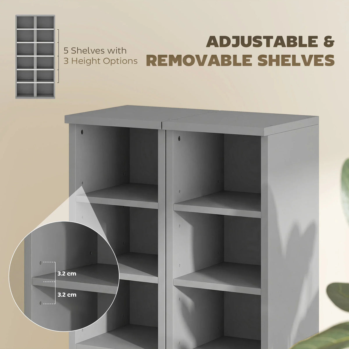 Light grey adjustable CD shelf unit with open compartments and removable shelf levels