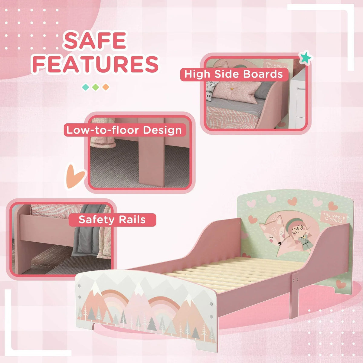 Pink toddler bed and storage shelf with safety rails and low-to-floor design