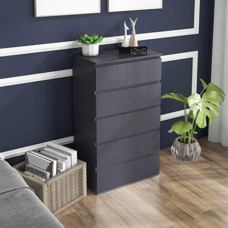 High-gloss 5-drawer chest of drawers, dark gray, handleless fronts