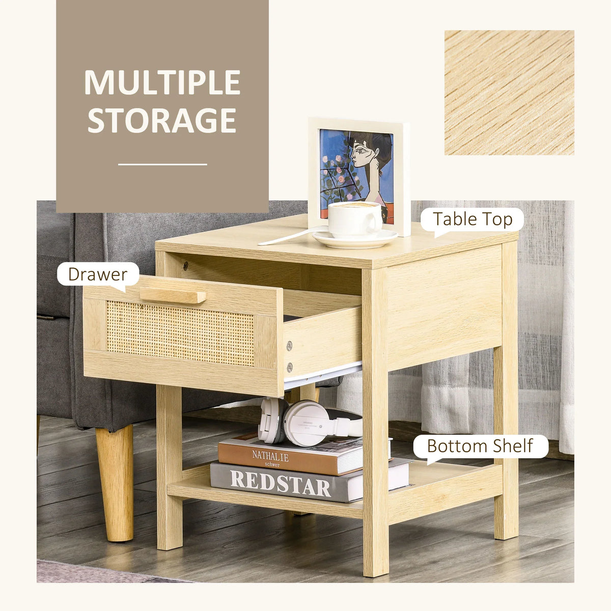 Natural wood bedside table set with rattan front drawer and bottom storage shelf