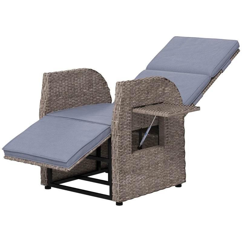 Brown rattan recliner chair with light-blue cushions and extended footrest
