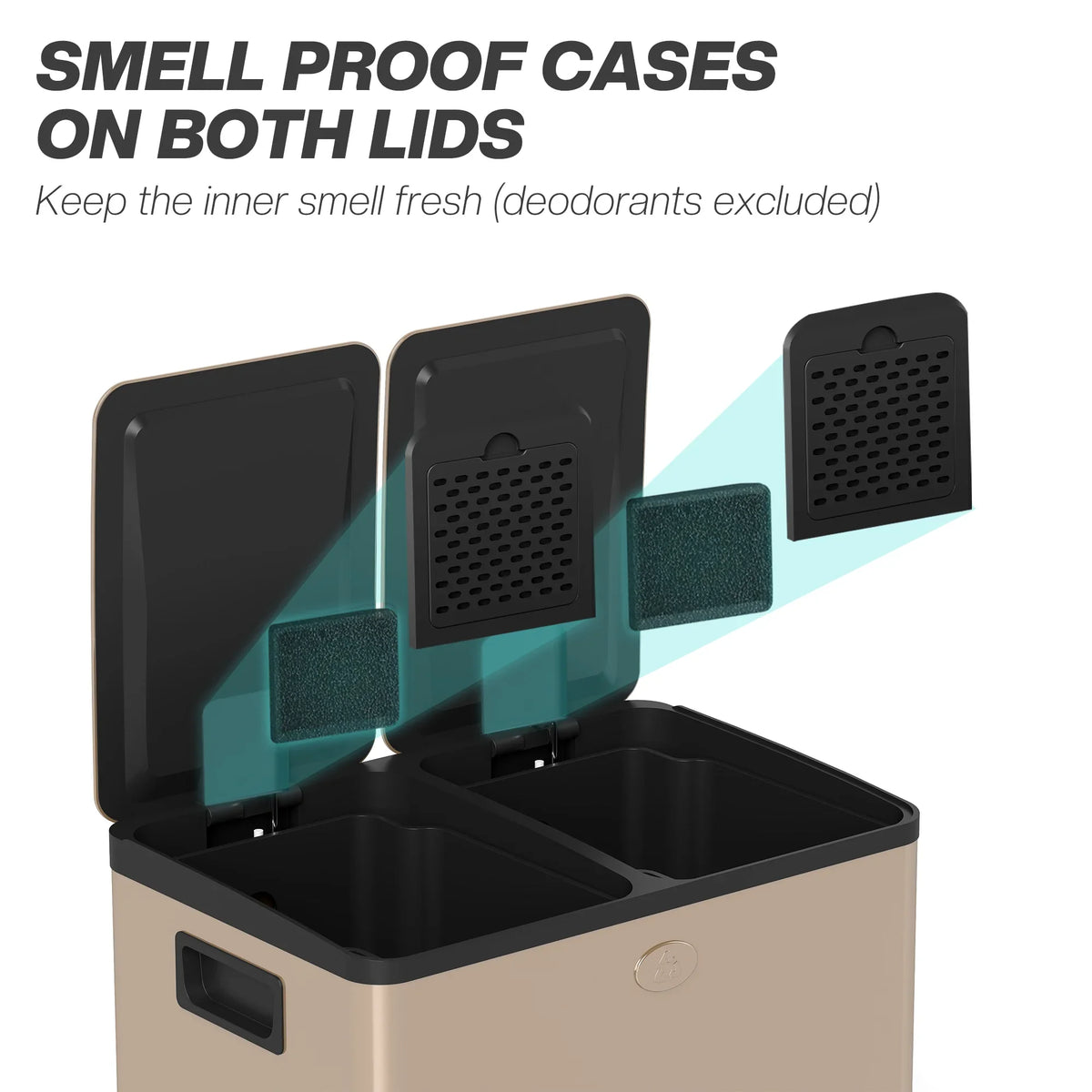 Dual recycling bin with two lids and odor-control deodoriser holders on beige outer frame