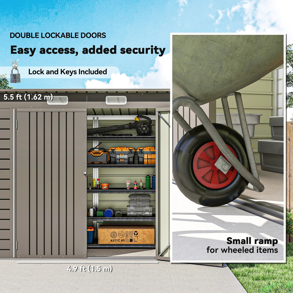 Light grey metal shed with double lockable doors, padlock-style latch, and ramp access