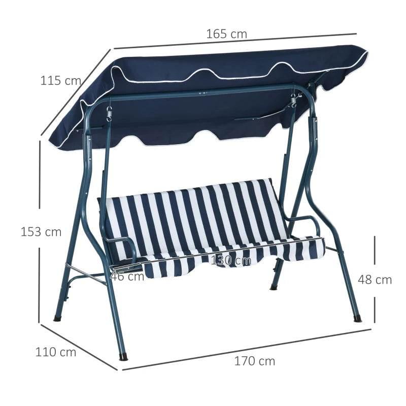 Outdoor swing bench with navy canopy and blue-and-white striped seat cushion, metal frame