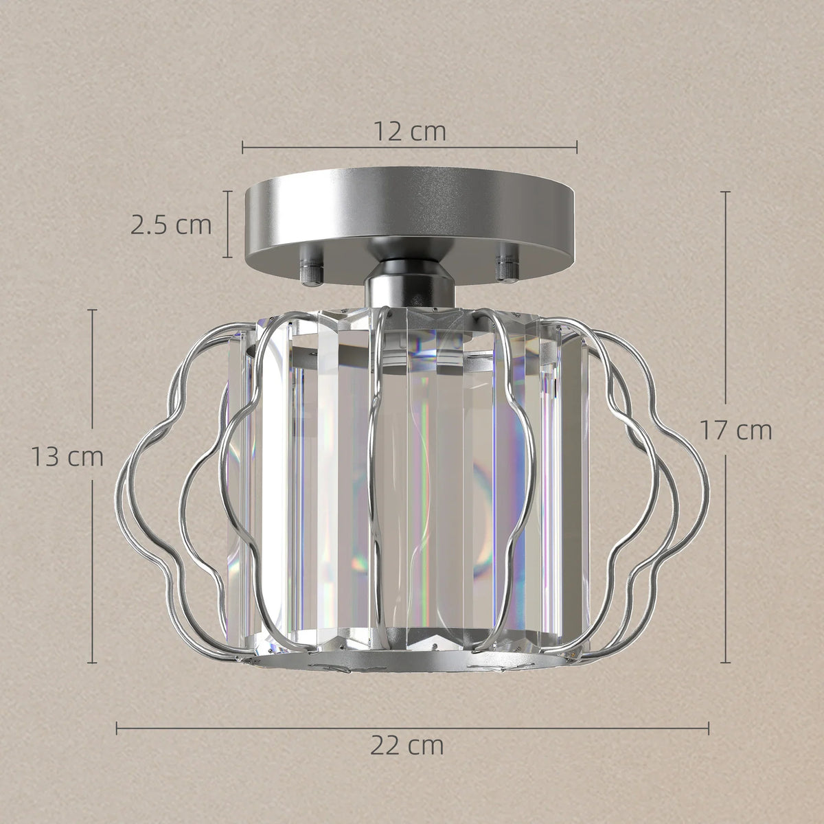 Semi-flush ceiling light with clear crystal bars and metal cage, front view
