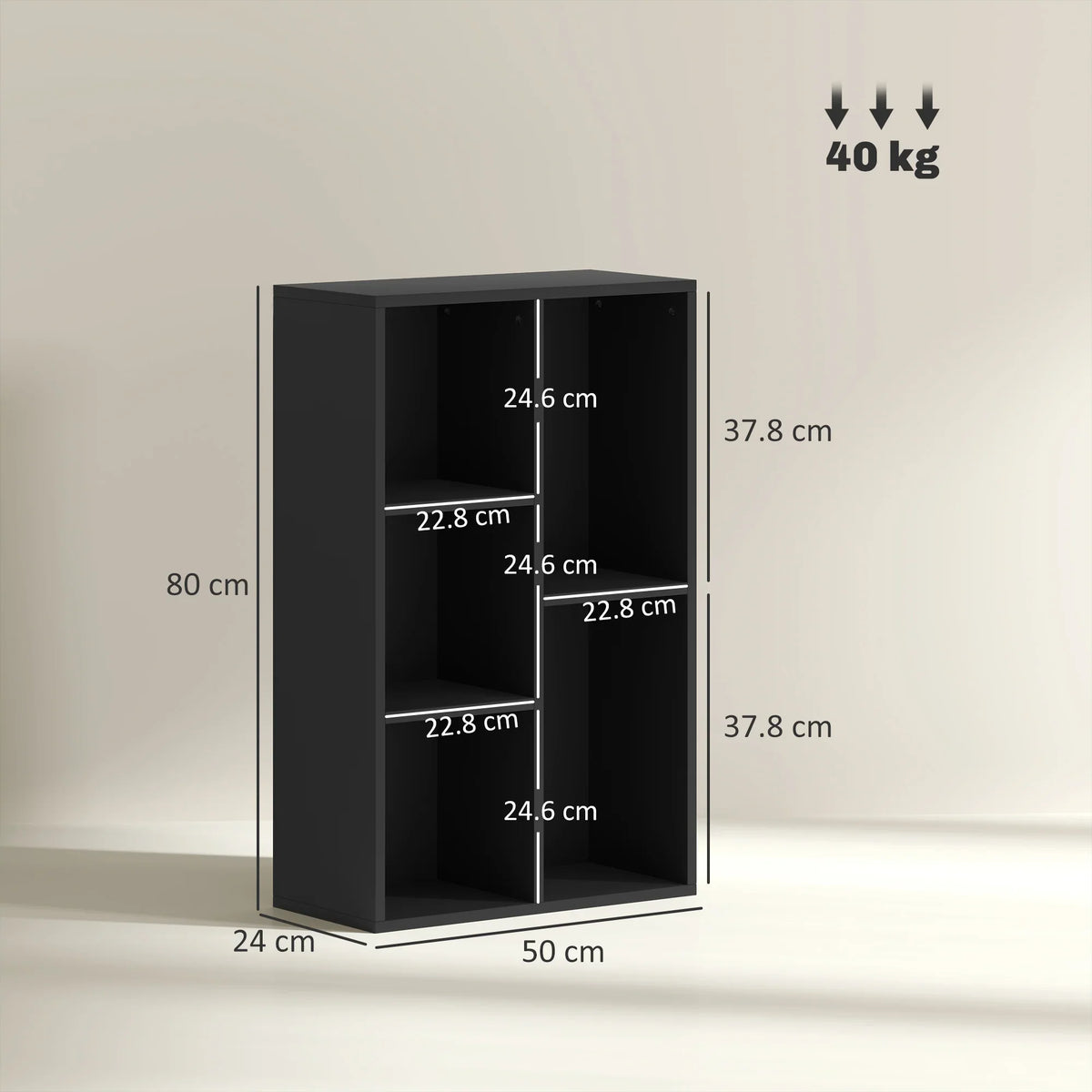 Black floor bookshelf, front view with five open cube compartments