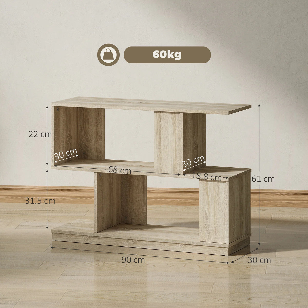 S-shaped side table natural wood finish with open storage compartments and size dimensions