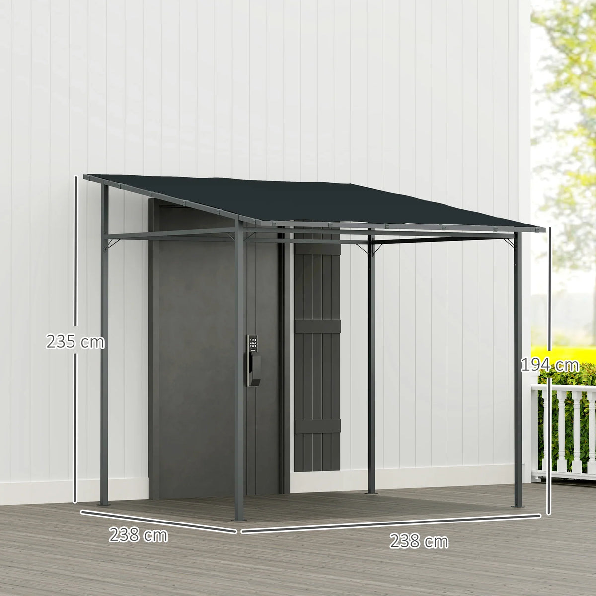 Wall-mounted pergola gazebo front view with dark grey roof fabric and rectangular metal frame.