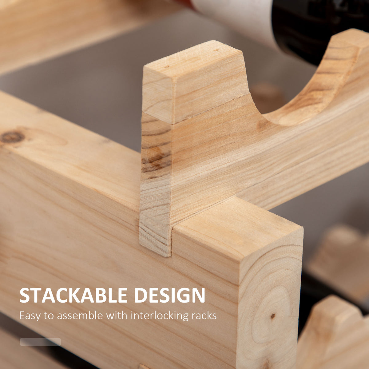 Interlocking stackable wine rack corner piece with curved bottle cradle support