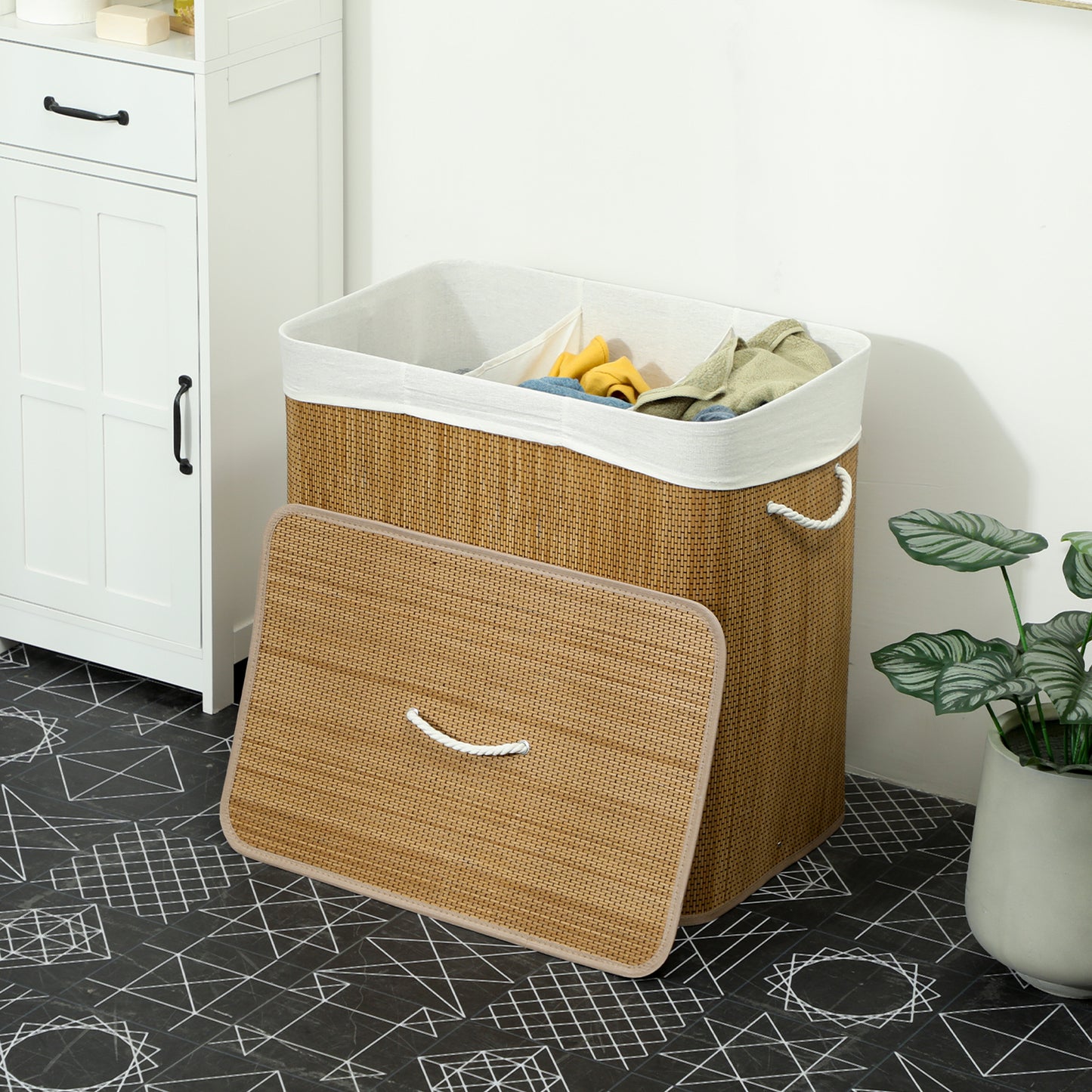 HOMCOM 3 Section Laundry Basket with Lid 144L Brown Bamboo Hamper with Handles Removable Washable Liner