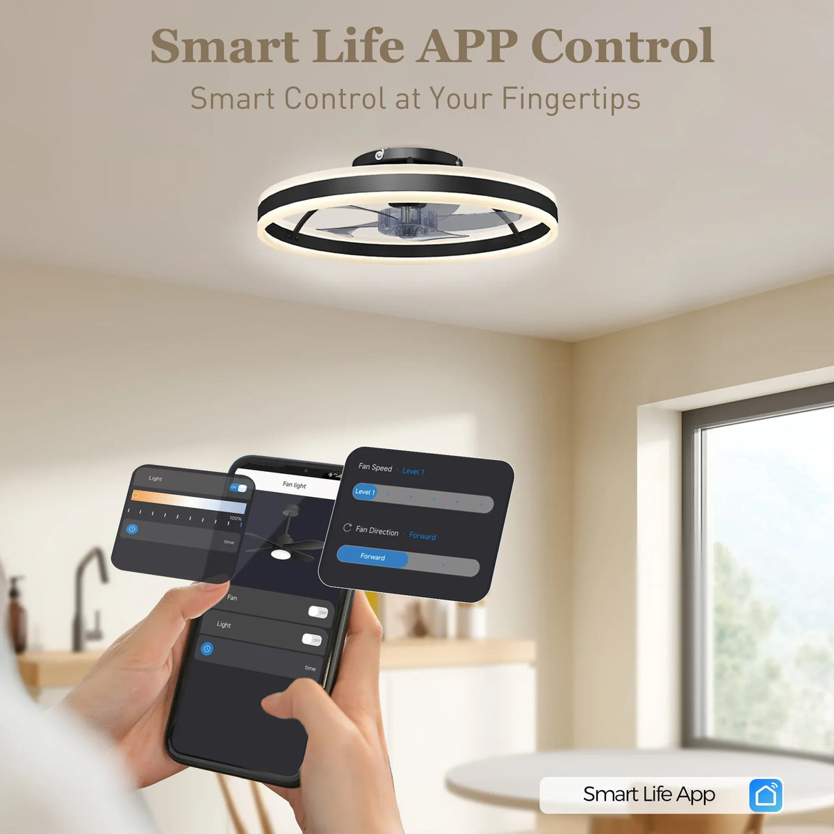 Black LED ceiling fan with light, smart app control on a smartphone