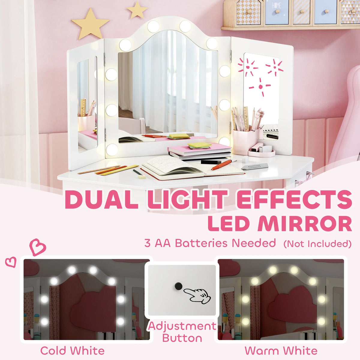 White kids vanity table with tri-fold mirror and round LED bulbs, warm and cool lighting