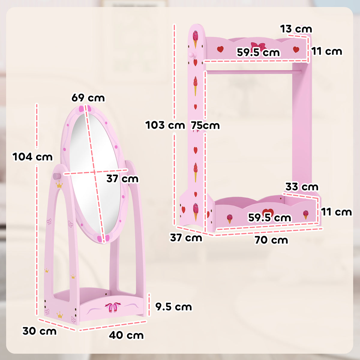 Pink kids clothing rack set with oval acrylic mirror and built-in storage shelves.