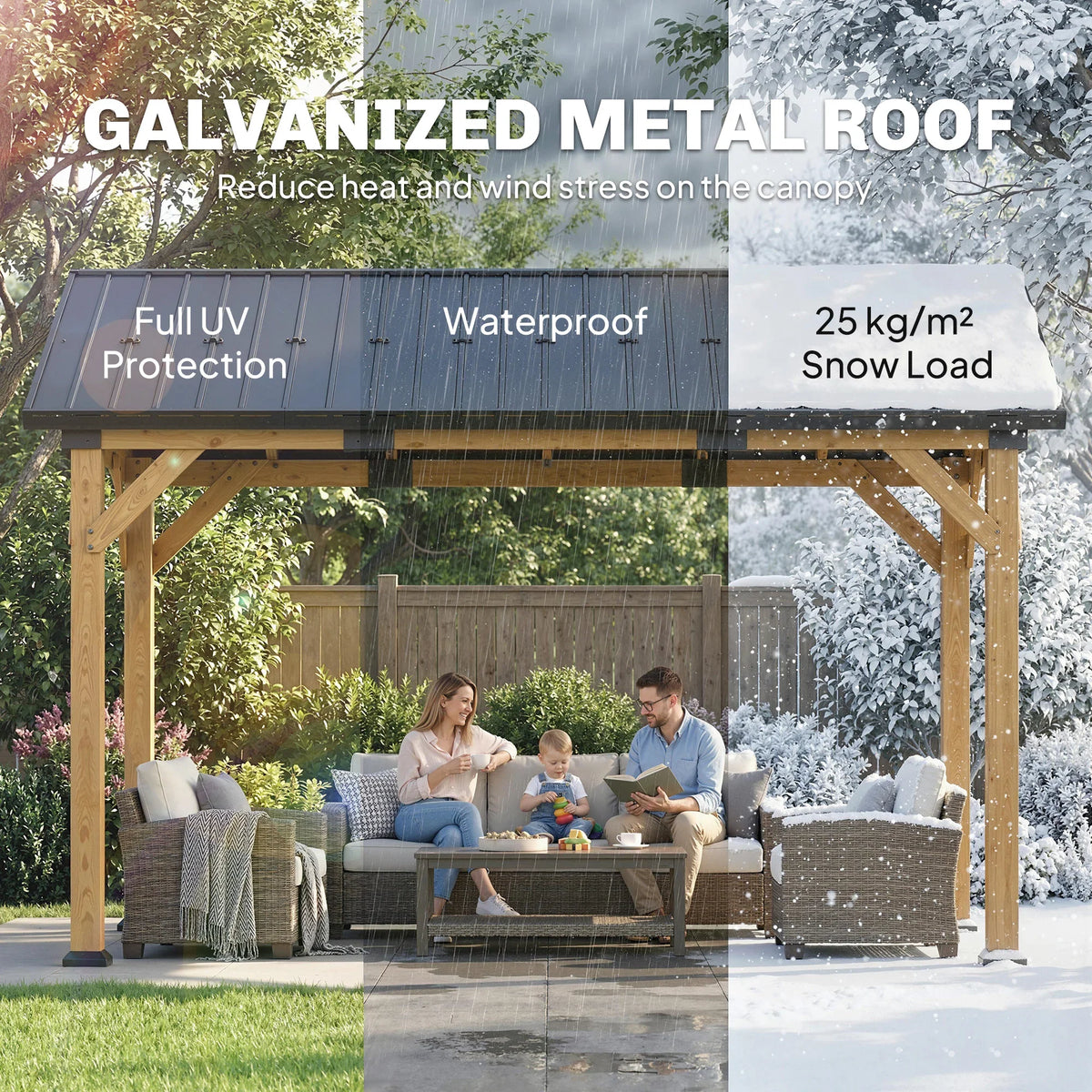 Wood frame hardtop gazebo with dark metal roof, outdoor seating in rainy and snowy scenes