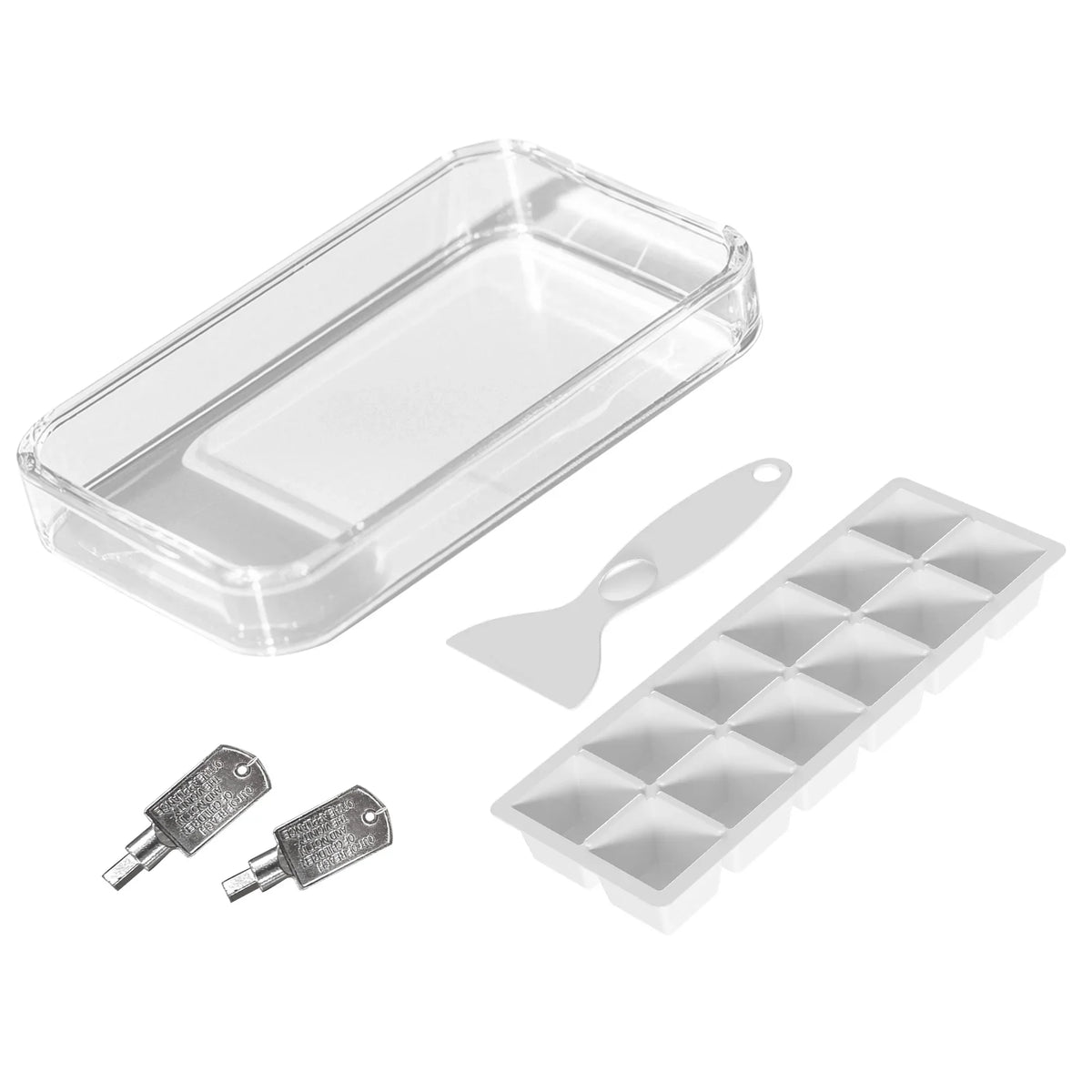 Lock and keys with clear food tray and ice cube tray accessory for countertop fridge.