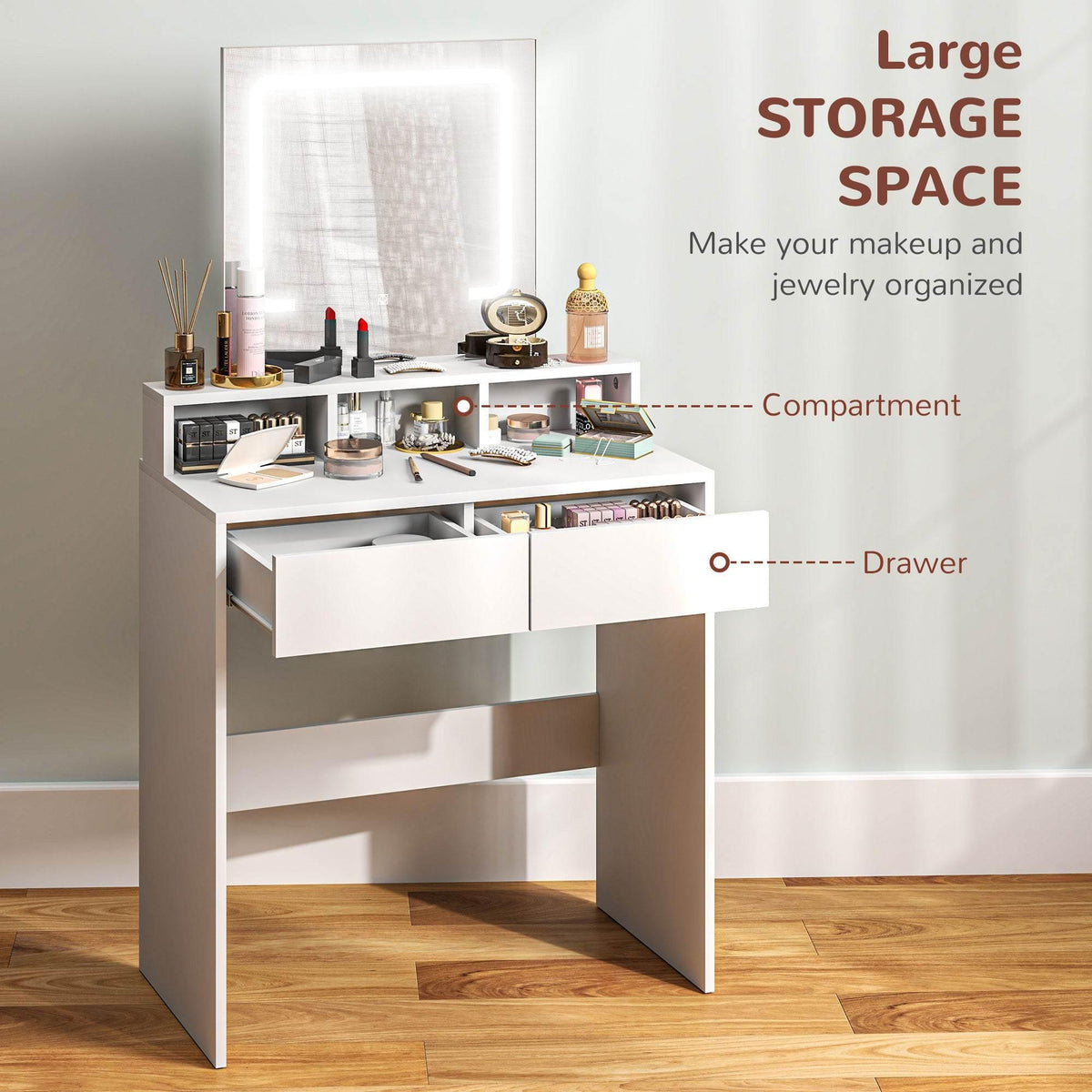 White vanity table with large LED mirror and multi-compartment storage, drawer and shelves