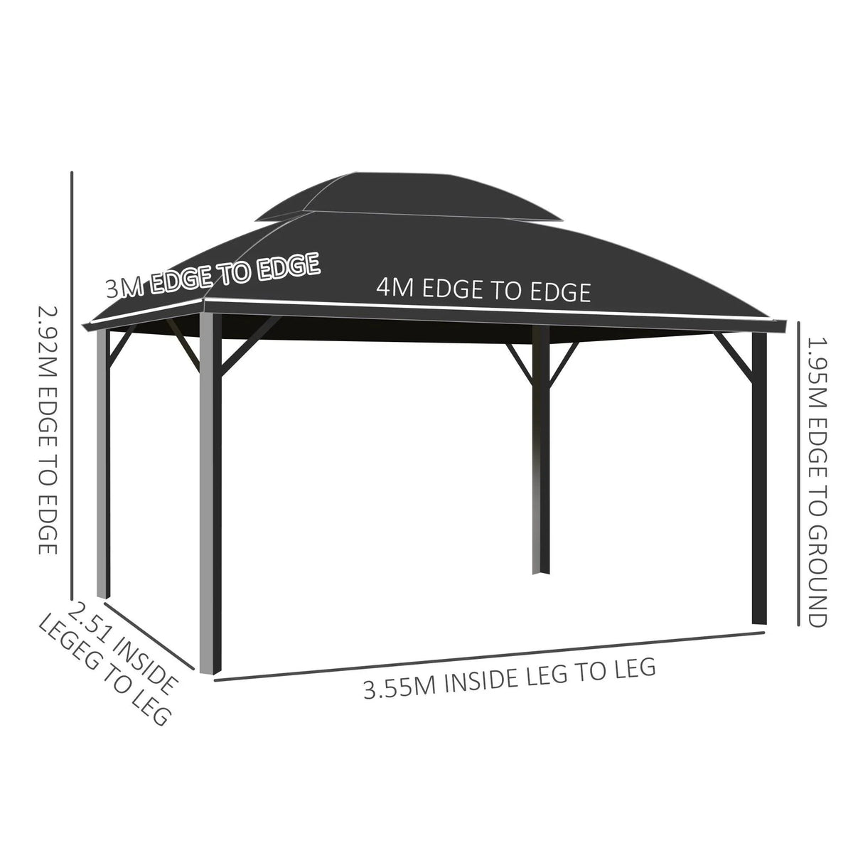 Black hardtop gazebo frame with curved roof, showing edge-to-edge and leg spacing