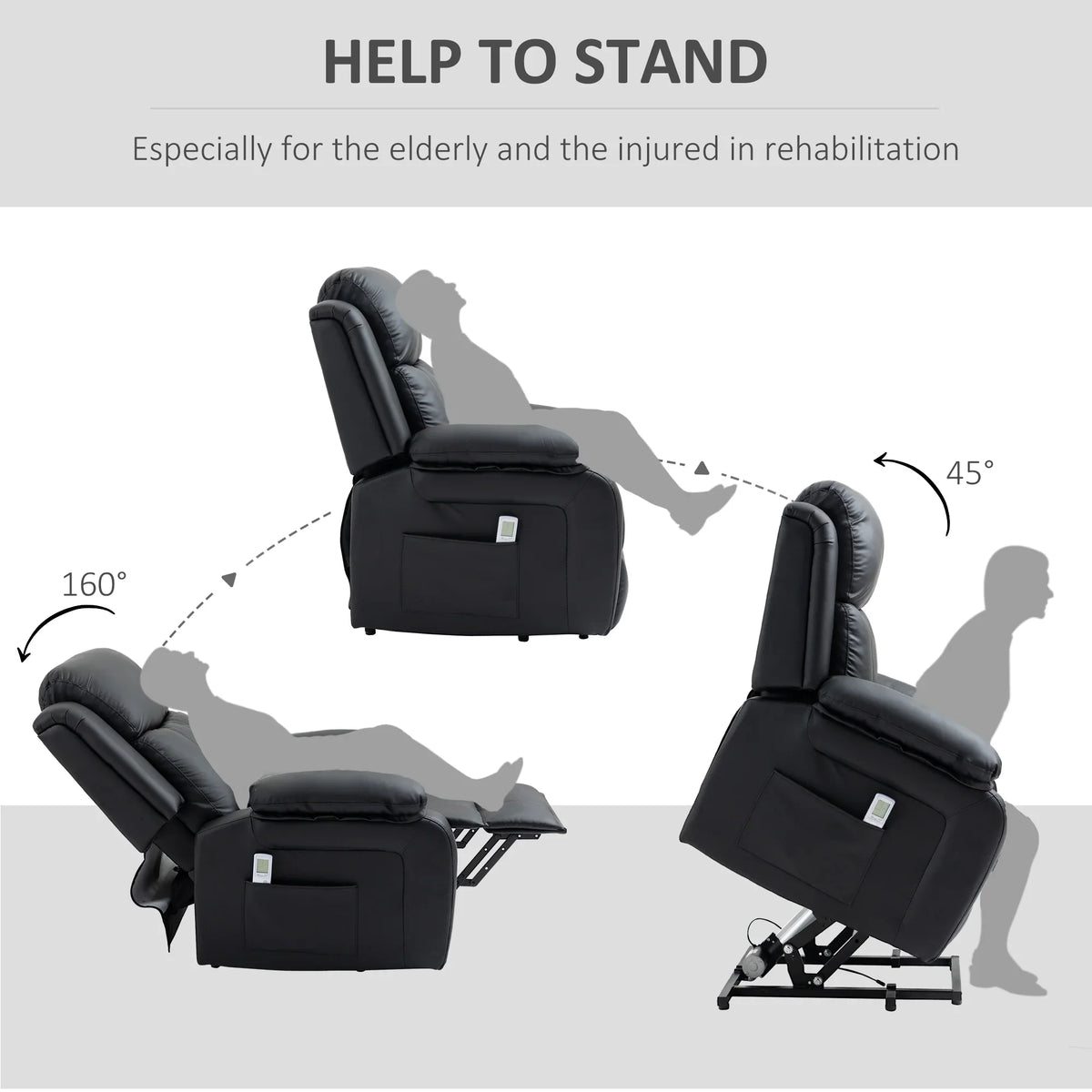Black stand-assist power lift recliner with upright and reclined positions