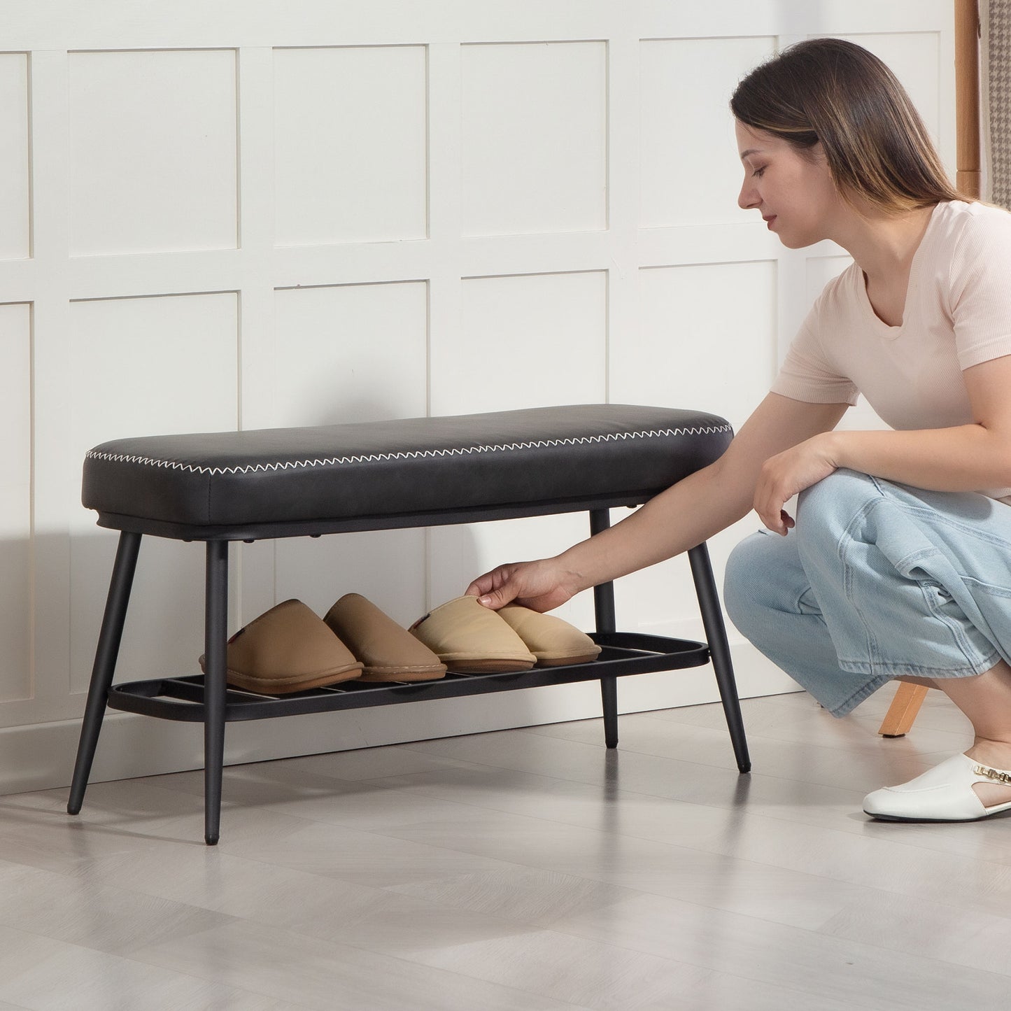 HOMCOM PU Leather Shoe Storage Bench With Cushioned 7 Cm Seat Charcoal Grey Holds Up To 120 Kg