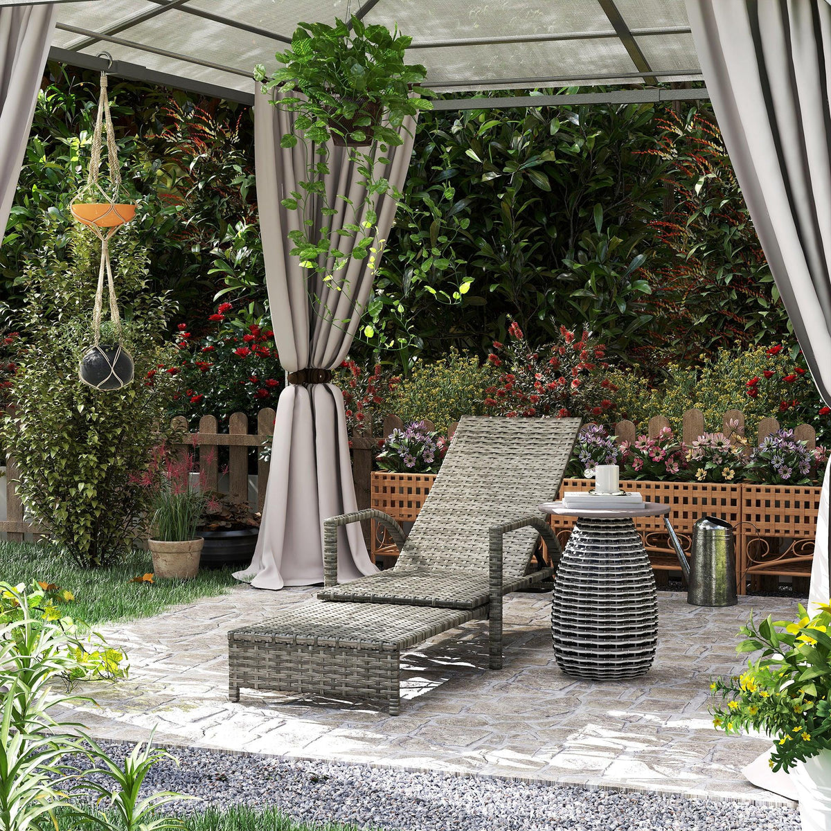 Grey rattan reclining lounger with adjustable backrest on an outdoor patio