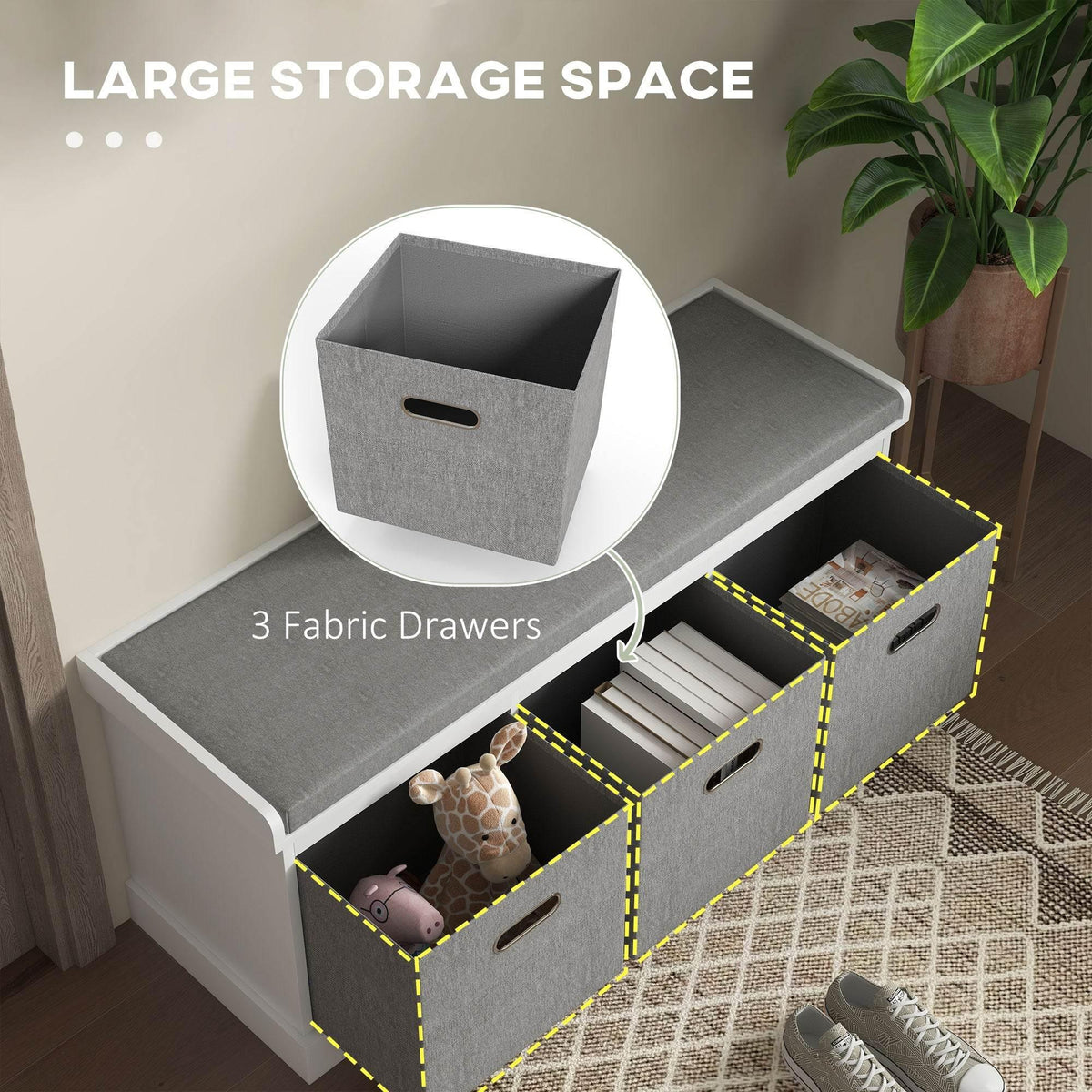 HOMCOM shoe storage bench with three open fabric drawers for storing shoes