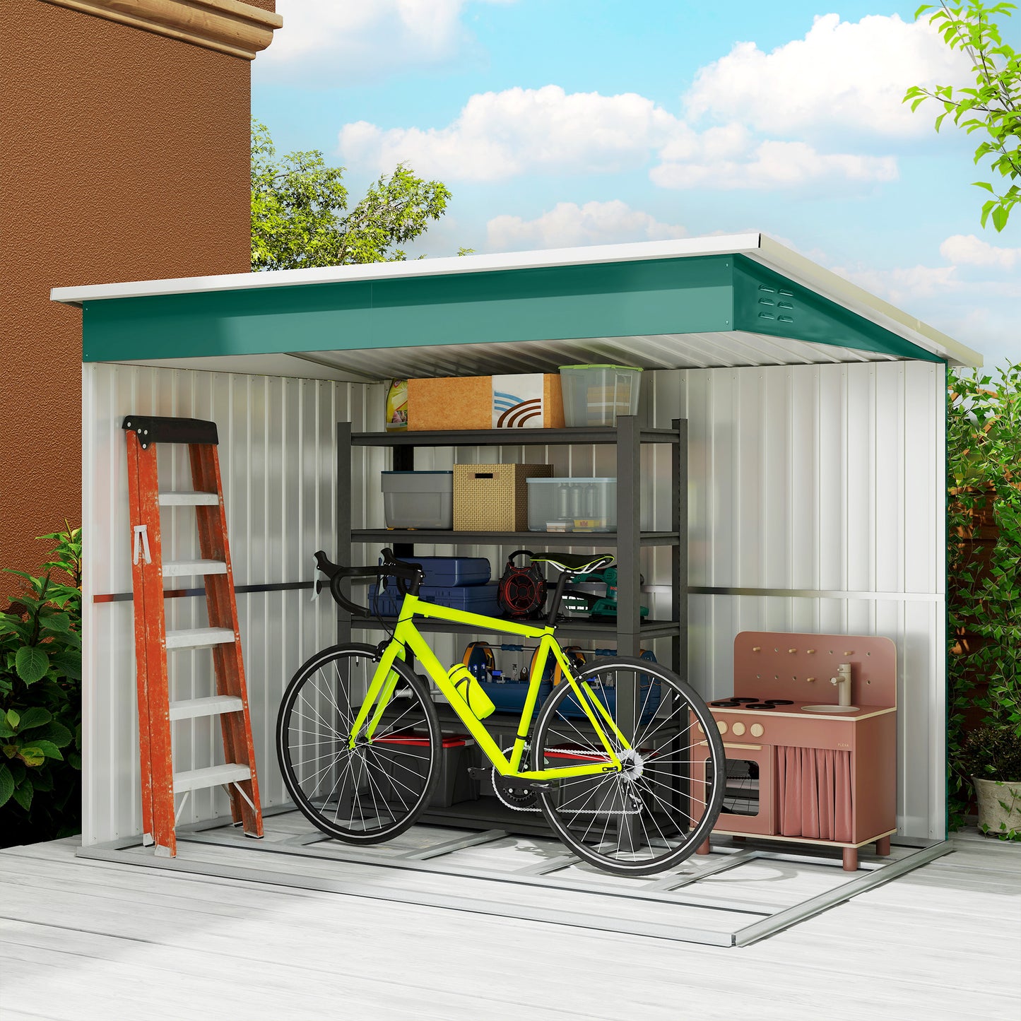 Outsunny 8.5 x 6ft Galvanised Steel Garden Storage Shed With Foundation Kit Window Air Vents Lockable Wide Doors