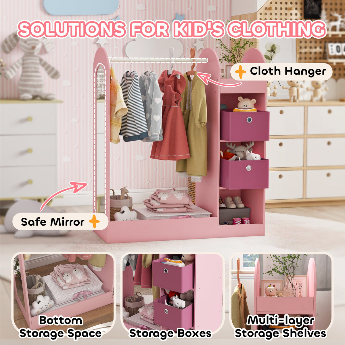 Pink kids clothing organizer with mirror, hanging rod, and multi-layer storage shelves
