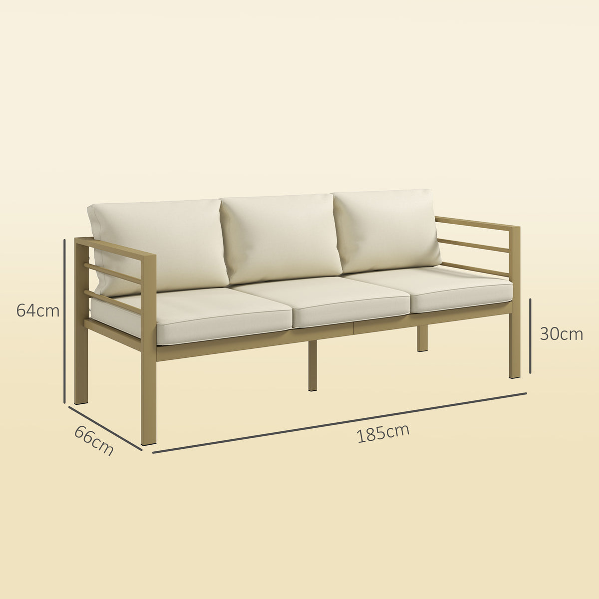 Cream 3-seat outdoor bench sofa with armrests and backrest cushions, dimensions shown