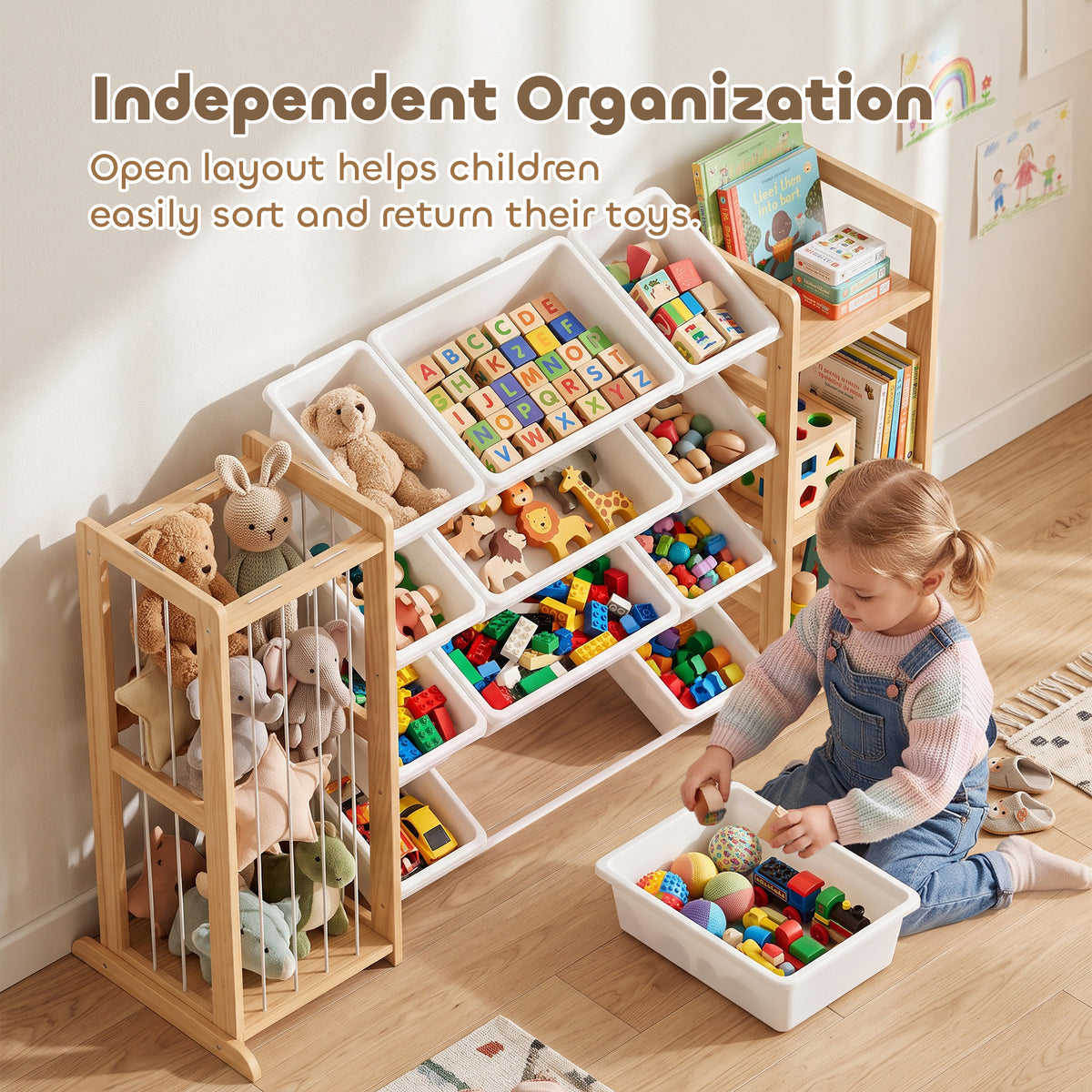 AIYAPLAY wooden toy storage organizer with open layout and white sorting bins