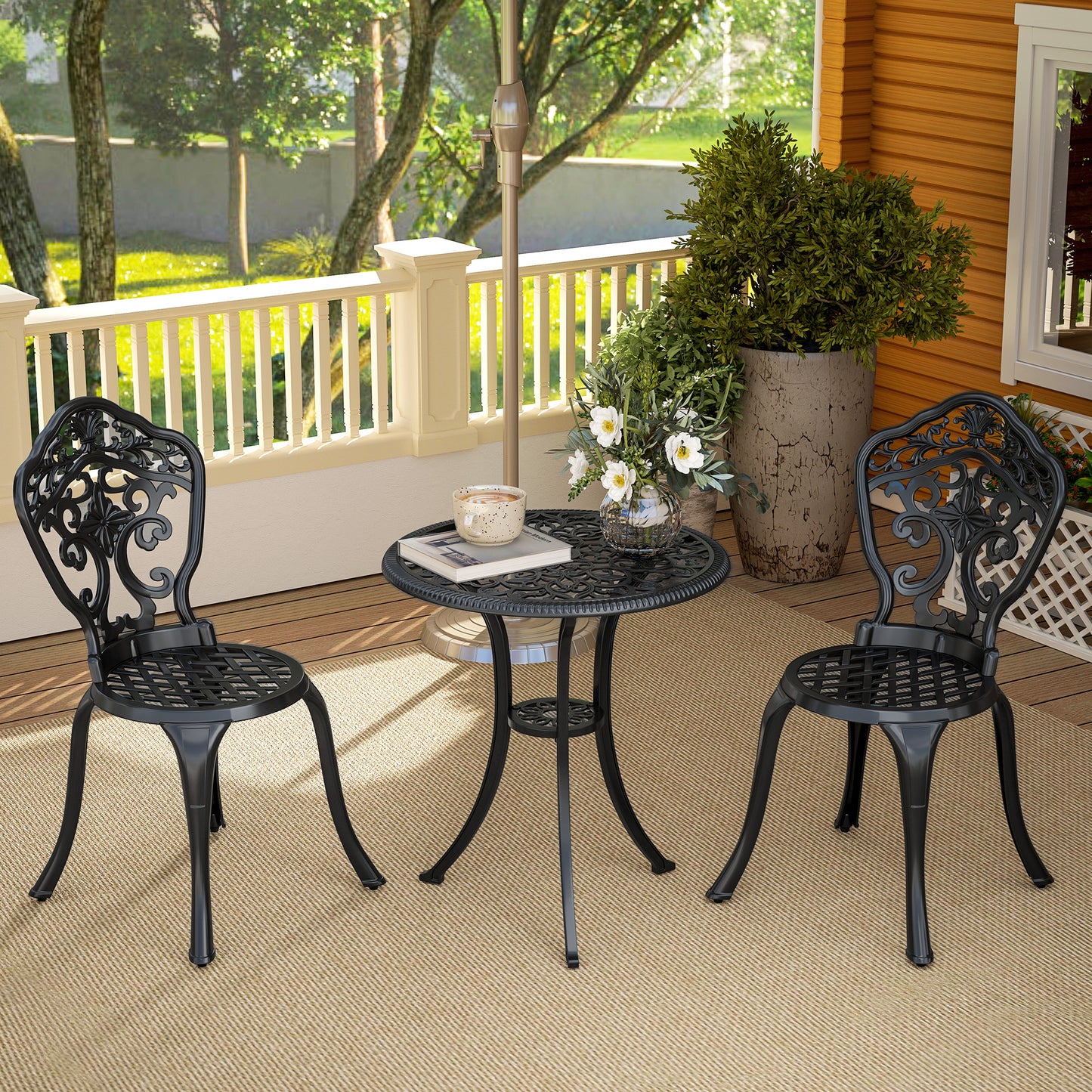 Outsunny Three Piece Aluminium Floral Bistro Set Black Outdoor Patio Furniture With Two Chairs And Table