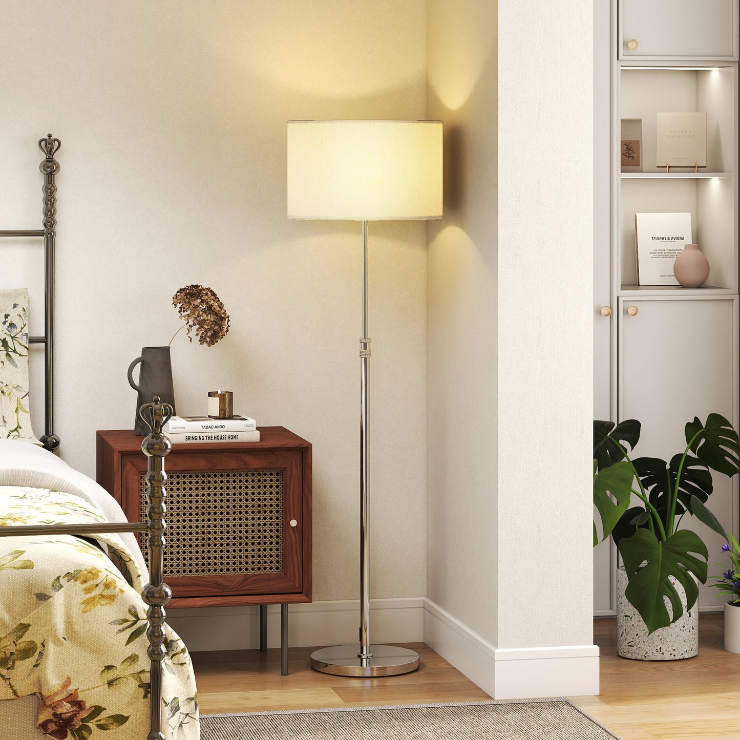 HOMCOM Floor Lamp With Remote Height Adjustable Linen Shade Dimmable 3000K 6000K Color Temperatures Foot Switch Silver