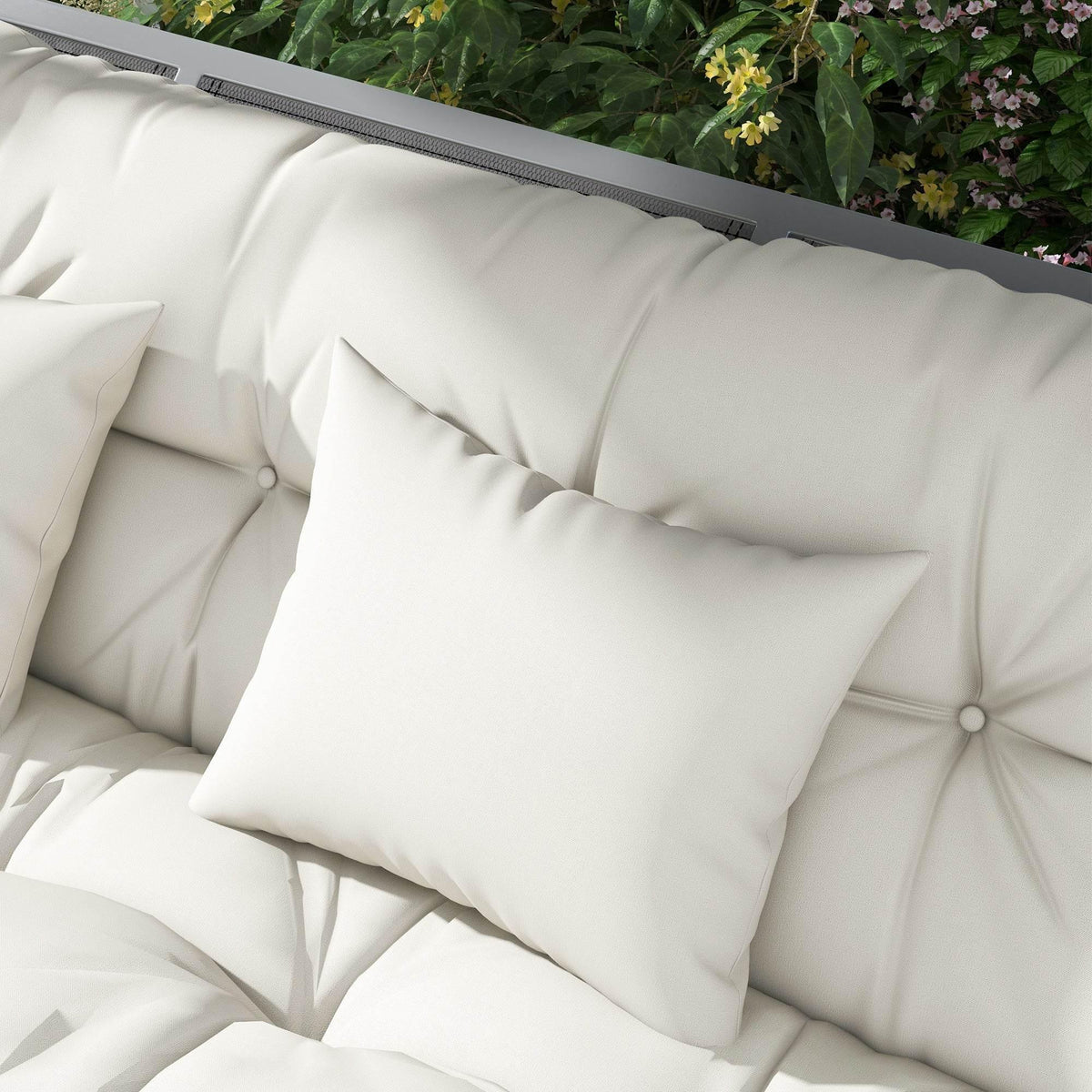 White outdoor chair cushion set with tufted back and seat cushions
