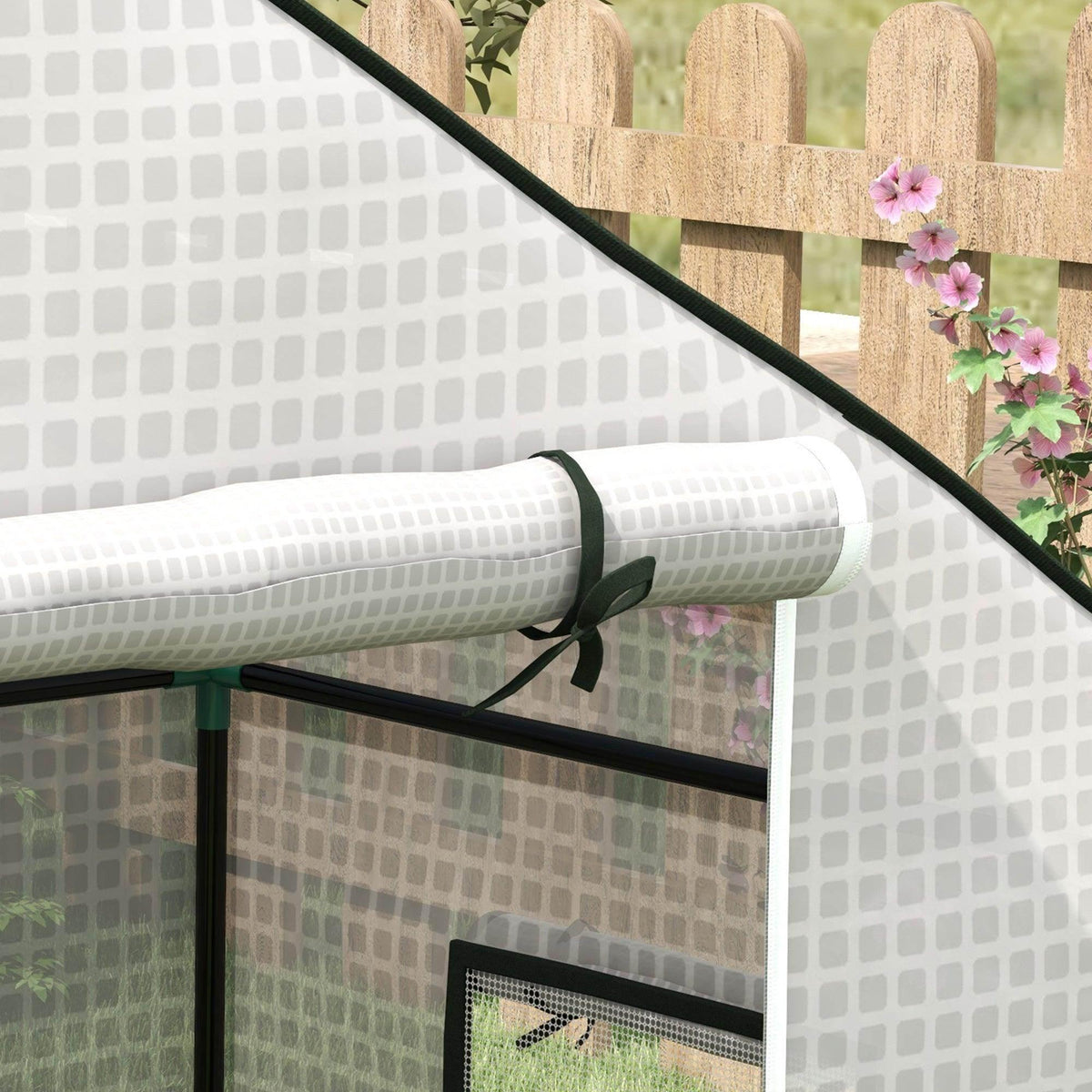 White greenhouse cover edge with roll-up door tube and fixing straps
