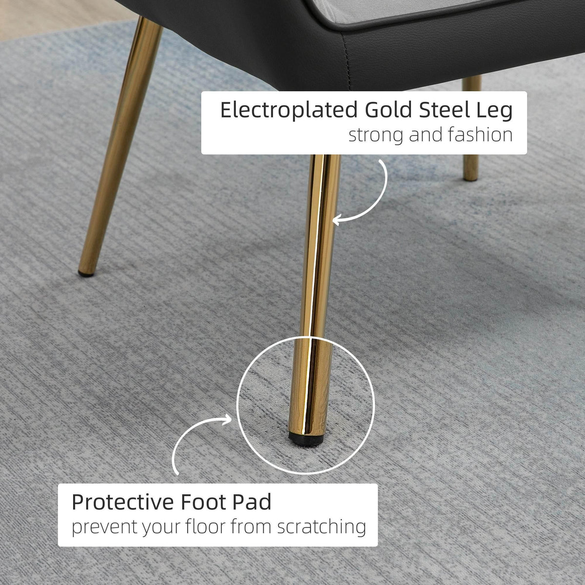 Gold-finished steel armchair legs with protective foot pads