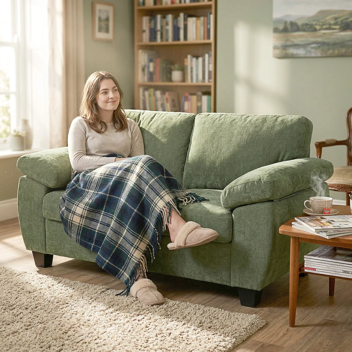 Dark green chenille 2-seat loveseat sofa with thick cushioned seat and soft upholstery